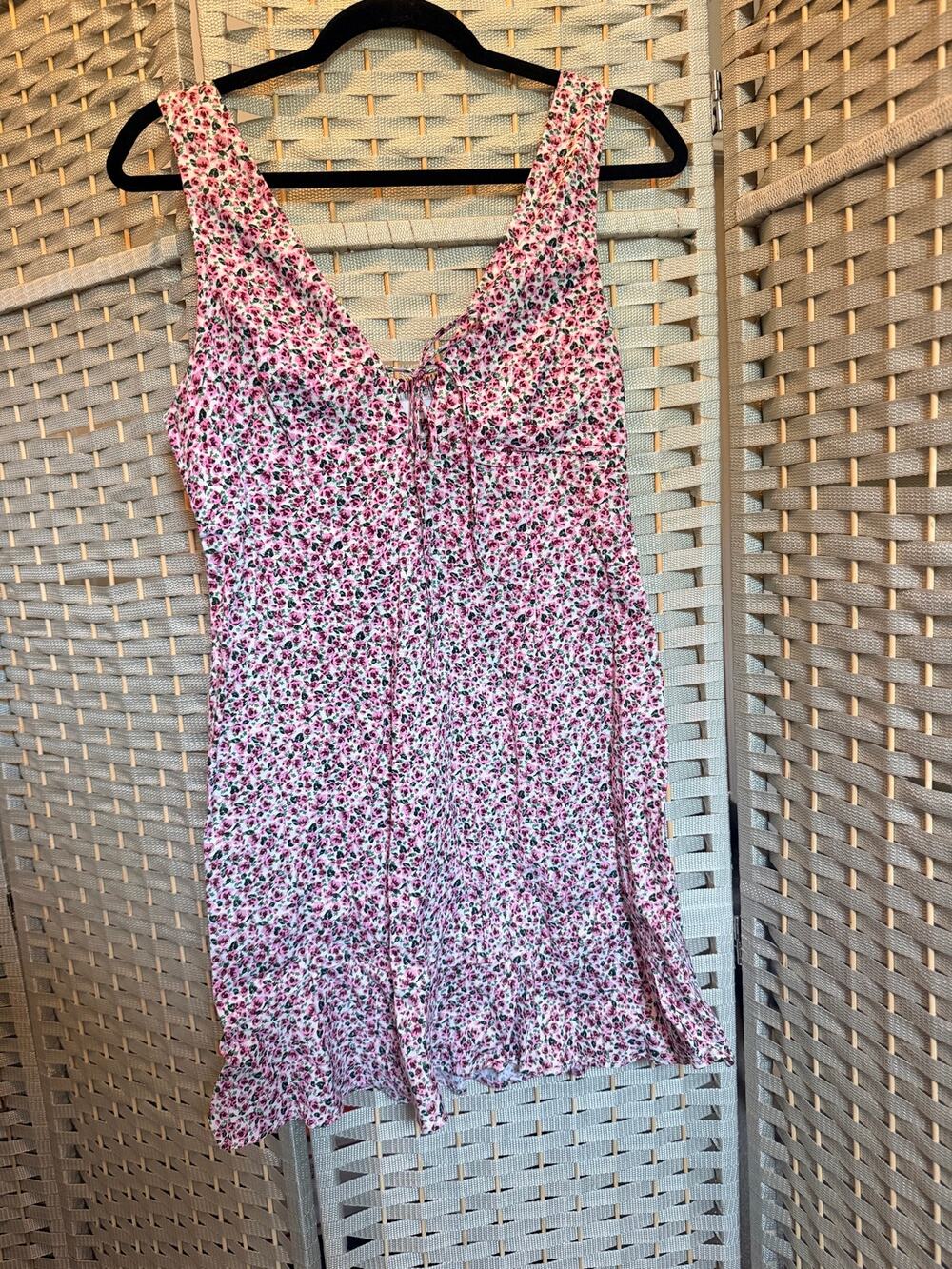 Zara Floral Mini Dress Women's Small Pink Green Sleeveless Tie Front Smocked